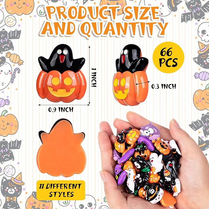 66PCS 11Styles Halloween Resin Flatback Charms Mini Resin Pumpkin Ghost | Halloween Garden Miniatures Figurines, DIY Garden Accessories Meeting Supplies Phone Case