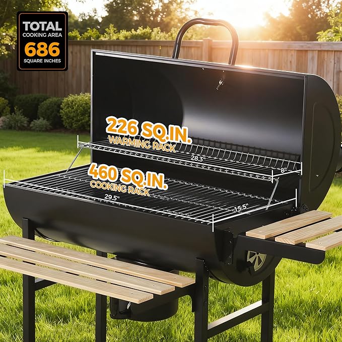 MASTER COOK Barrel Charcoal Grill with Foldable Front Wood Shelf, 686 Sq.in. Cooking Area Outdoor bbq Grill, Thermometer and Adjustable Air Vents for Backyard, Patio, Parties, Tailgating, Black