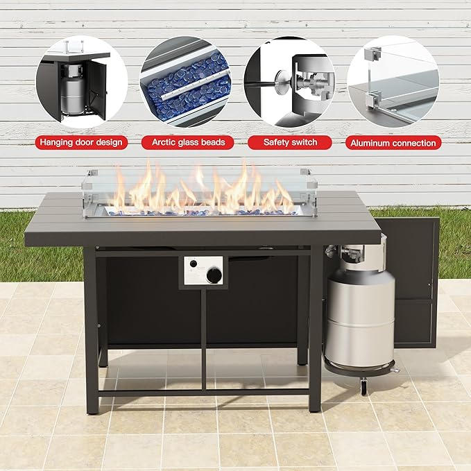 Metal Outdoor Patio Furniture Set for 10,Aluminum Patio Sectional Set w/Propane Fire Pit Table,Outside Furniture w/Removable Sponge Cushion for Porch, Balcony, Yard,Black