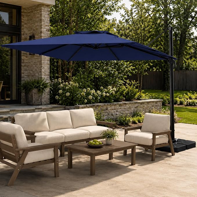 10FT Cantilever Patio Umbrella with Solar Lights, Large Outdoor 2 Tier Aluminum Offset Square Umbrellas 360 Degree Rotation for Garden Deck Pool