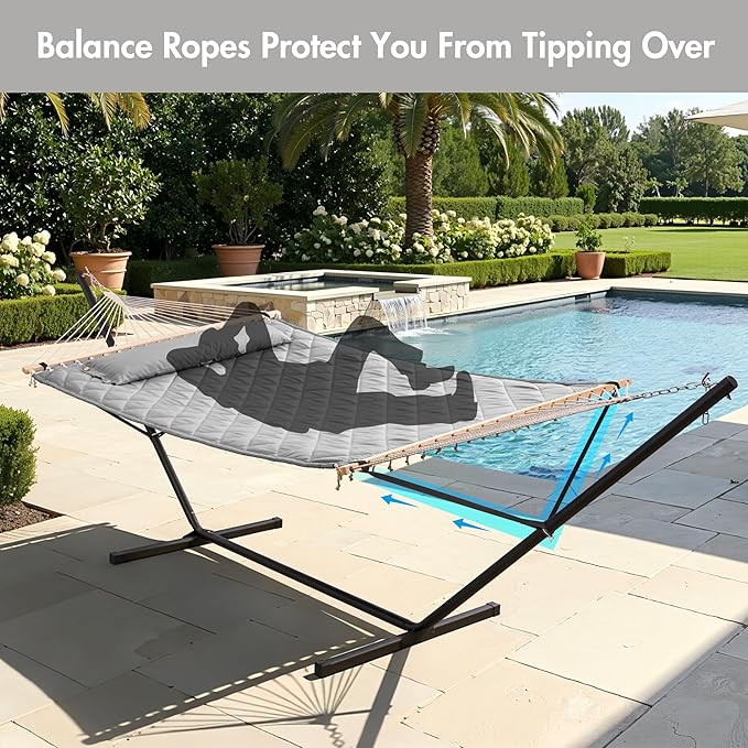 ANOW Double Hammock with Stand 12FT, Heavy Duty Hammocks with Stand for Outdoors, 450 LBS Weight Capacity, Light Gray