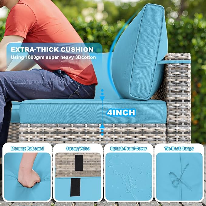8-Piece Modern Patio Conversation Set with 55,000 BTU Fire Pit Table, Thick Cushions, Dual-Strand Wicker Rattan, Rust-Resistant Frame, Lake Blue