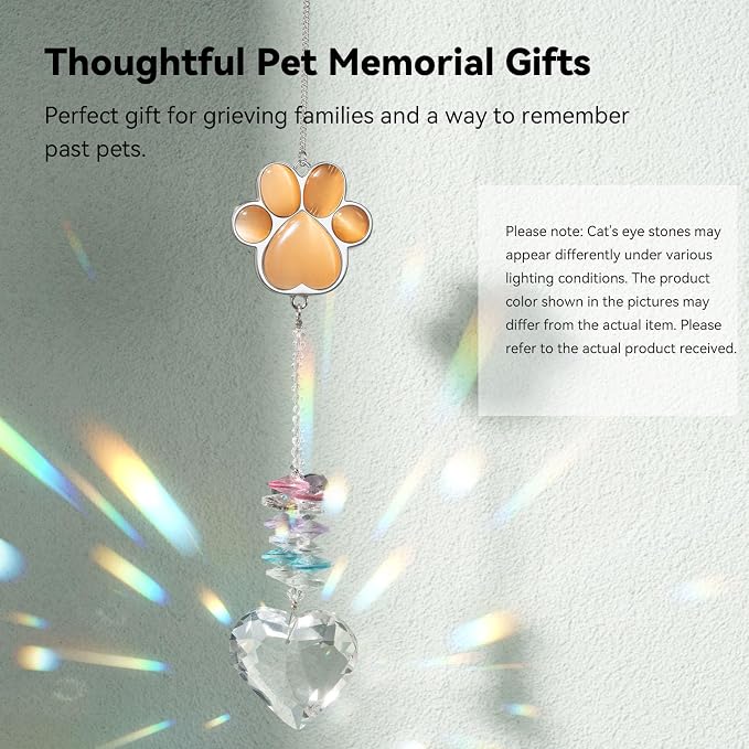 Dog Memorial Gifts, Pet Memorial Suncatcher, Loss of Dog Sympathy Gift | Thoughtful Dogs and Cats Bereavement Remembrance Gifts, Natural Cat's Eye Stone Paw Crystal Suncatcher