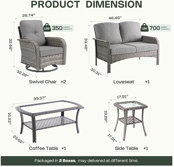 5-Piece Patio Furniture Set, Outdoor Wicker Furniture with Coffee Table, High Back Swivel Rocker Patio Chairs, Modern Rattan Outdoor Chairs Conversation Set for Porch, Balcony, Garden, Dark Gray