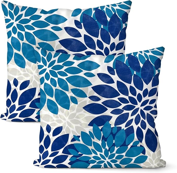 M METERXITY 2-Pack Pillow Cover 20x20 Linen, Blue Green Gray | Water Resistant Floral Decor Slipcover, for Patio, Balcony, Garden, Outdoor Pillow Case