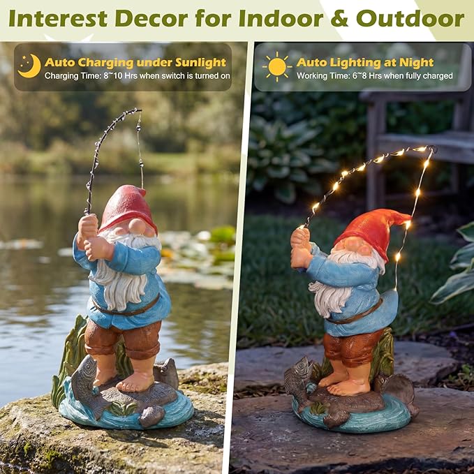 EXYGLO Solar Gnome Garden Statue Decor, 8.5" Fishing Gnome Outdoor Funny Decoration for Lawn, Patio, Yard, and Unique Housewarming, Birthday Ornament Gift for Mother, Friend, Family