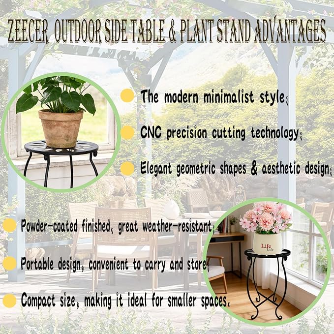 MINI Outdoor Side Tables, 10" Round 15" Tall Patio Side Table Plant Stand, Set of 2 Metal Small Round Side Table for Patio Yard Porch Balcony Garden Bedside Indoor Outdoor Use