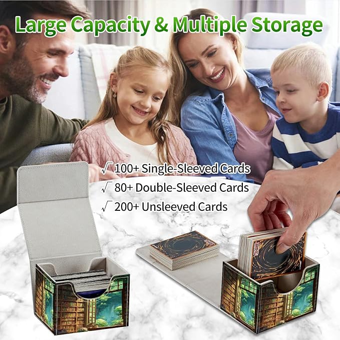Card Deck Box for MTG, Cards Storage Box Fits 120+ Sleeved, Leather Small Size Strong Magnetic Closing Card Case for Board Games Magic TCG CCG Baseball Collection, Library Window
