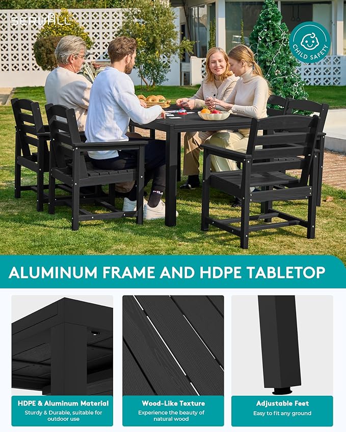 SERWALL 10-Piece Patio Dining Sets with 15FT Patio Umbrella, Black | 60" - 83" Expandable Outdoor Dining Table and 8 HDPE Chairs, All Weather HDPE Outdoor Furniture Set