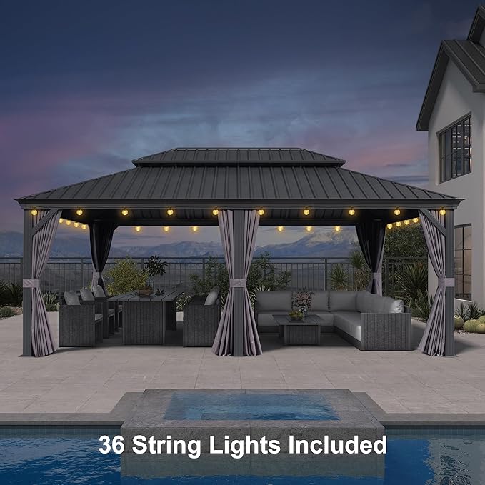 PURPLE LEAF 13' X 20' Hardtop Gazebo with Light Aluminum Gazebo with Galvanized Steel Double Roof for Patio Lawn and Garden Curtains and Netting Included Grey