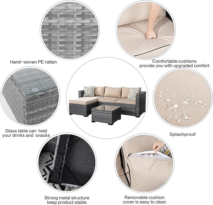 3 Pcs Patio Furniture Set,Outdoor Sectional Sofa with Washable Khaki Cushions,Silver Wicker Outdoor Conversation Set with Glass Table,All-Weather Patio Rattan Sofa Couch for Poolside,Garden,Backyard