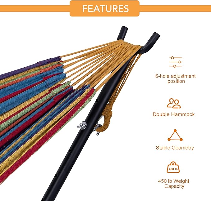 Hammock with Stand for Outside, Heavy Duty Space Saving Steel Stand with 450 lb Capacity,Double Hammock with Portable Carrying Bag, Hamacas para Adultos for Outdoors, Patio, Garden, Yard