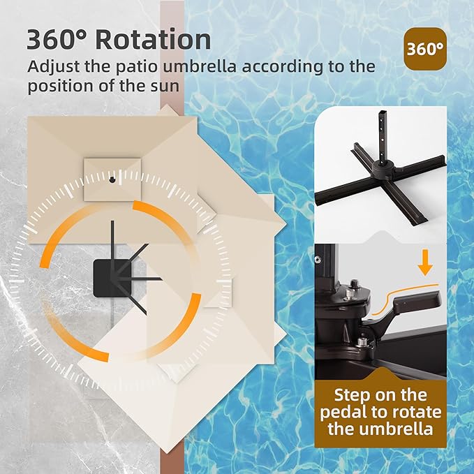 9x12 FT Patio Umbrella with LED Lights Cantilever Outdoor Large Heavy Duty Rectangle Aluminum Offset Umbrellas Double Top 360 Rotation 7 Tilt Adjustment for Pool Deck Garden, Beige