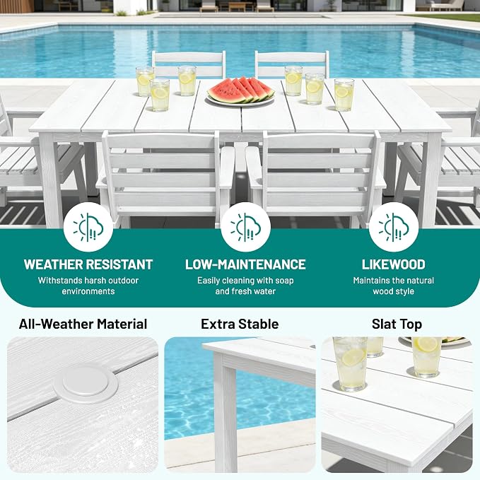 PLUUV Patio Dining Chairs Set of 2, HDPE Armless Patio Chairs with 350 lbs Weight Capacity, All-Weather Outdoor Dining Chairs for Backyard, Garden, Deck, Wood-Like Texture, White