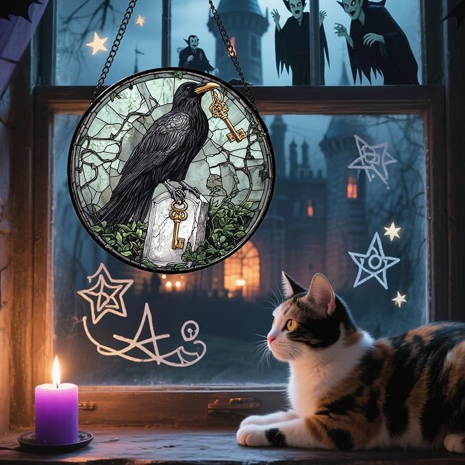 Stained Glass Window Hanging - Halloween Crow Holding A Key Suncatcher for Doors Garden Home Spooky Green Vines Sun Catchers Gothic Decor Horror Gift for Women Men Friend Boy Girl 15 in
