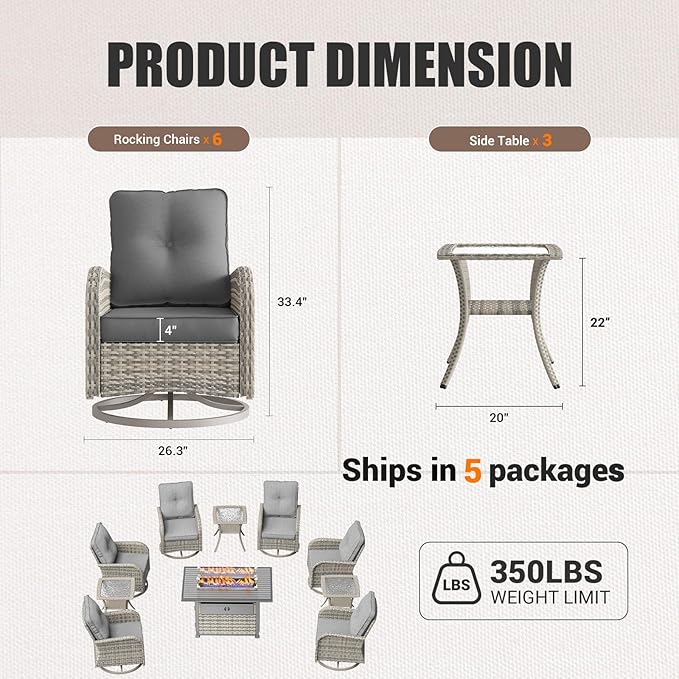 10Pcs Patio Rocking Swivel Chair with 55,000 BTU Fire Pit Table Outdoor Wicker Rattan Bistro Set with Tempered Glass Side Table, Outdoor Patio Furniture Set for Garden and Balcony, Grey