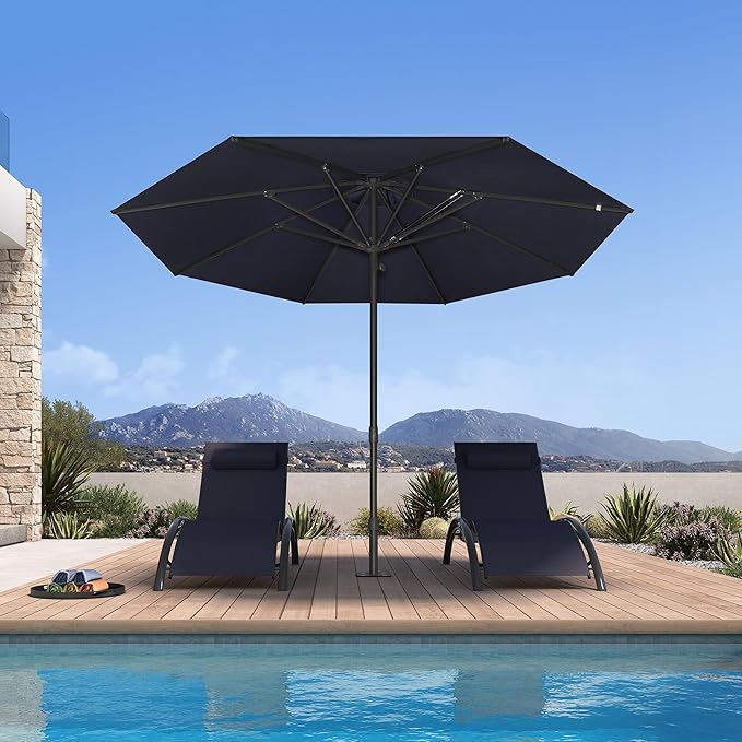 PURPLE LEAF 11Ft Round Semi-Auto Outdoor Patio Umbrella Aluminium Market Umbrella Table Sun Umbrella with 1.89" Rod and 8 Sturdy Ribs for Deck Lawn Pool Garden, Navy Blue