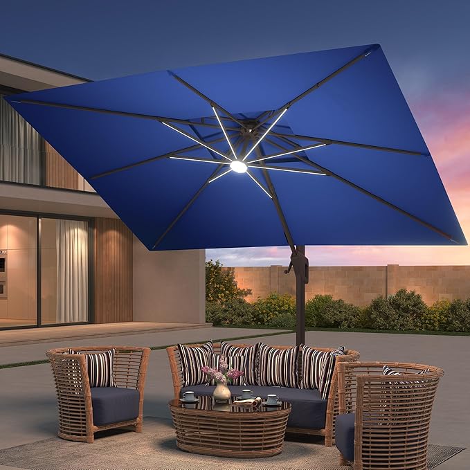 9x12 FT Patio Umbrella with Weighted Base and LED Lights Cantilever Outdoor Large Heavy Duty Rectangle Aluminum Offset Umbrellas Double Top 360 Rotation for Pool Deck Garden, Navy