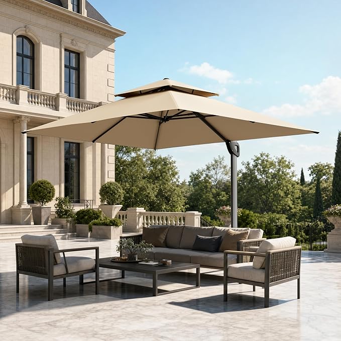 PHI VILLA 9' x 12' Rectangular Cantilever Patio Umbrella with Hydraulic Lift & 360° Rotation – Heavy Duty Windproof Offset Umbrella for Pool, Deck or Garden, Beige