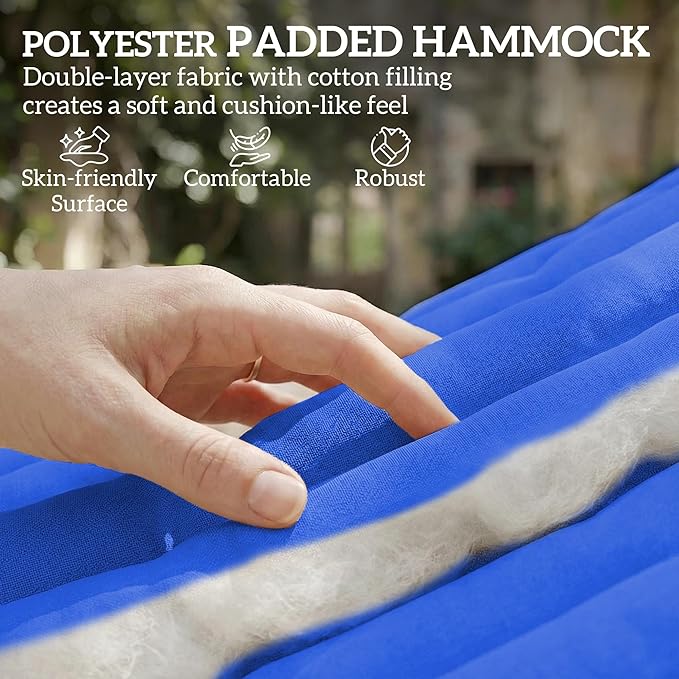 Outsunny Outdoor Hammock, 2-Person Hammock with Head Pillow and Pad, Wood Spreader Bars, 440 lbs Capacity, for Patio Yard Garden, 128" x 55", Navy Blue