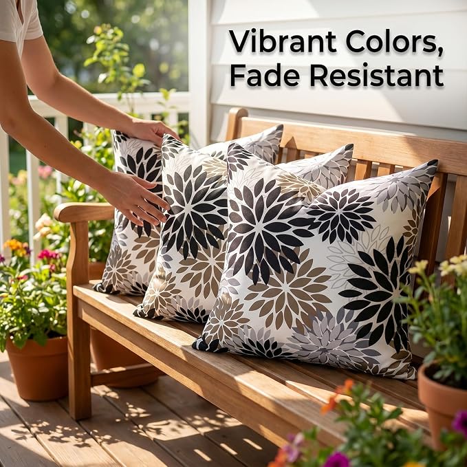 Pack of 2 Dahlia Outdoor Waterproof Throw Throw Pillow Cases 20×20 Black and Brown Throw Pillow Cases Spring Summer Decorative Cushion Covers for Couch Bench Furniture Patio Garden