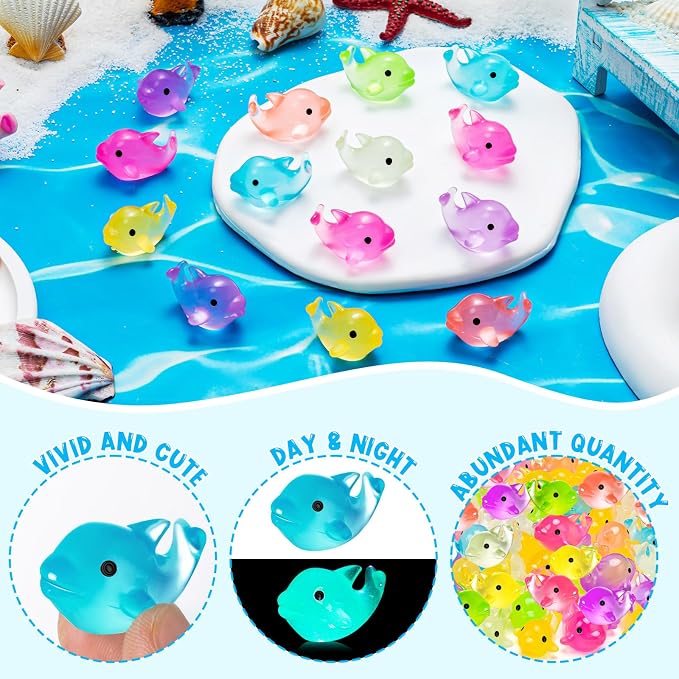 140PCS Luminous Mini Resin Dolphins Tiny Dolphin for Micro Garden | Tiny Dolphin Figurines Glow in The Dark, Cute Miniature Dolphins Animal Statues, Fairy Garden Landscape Birthday Hidden Game