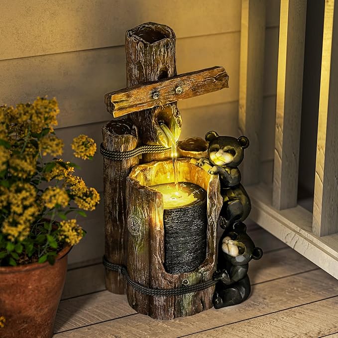 Outsunny 22.8" Tall Outdoor Water Fountain, 3-Tier Floor Standing Resin Bears on Log Waterfall Fountain with LED Lights, Pump for Garden, Patio, Backyard