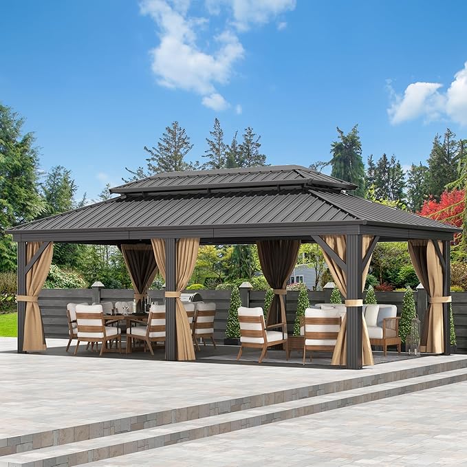 DWVO 12x20ft Gazebo Double Roof Hardtop with Nettings and Curtains, Heavy Duty Galvanized Steel Outdoor Vertical Stripes Roof for Patio, Backyard, Deck, Lawns, Brown