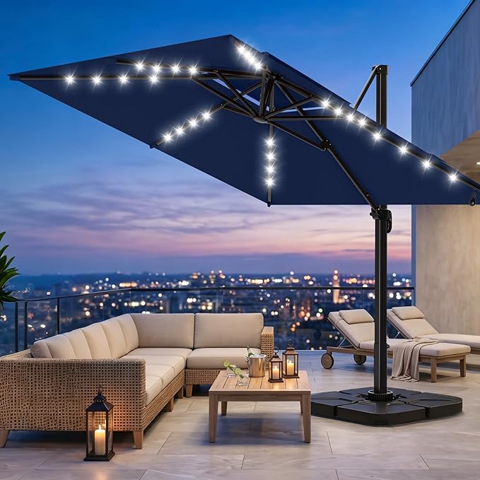 AreShark 10×10FT Solar LED Cantilever Umbrella, Double-Top Outdoor Patio Offset with 360 Degree Rotation, Square Offset Hanging Umbrella for Garden Deck Pool, Navy