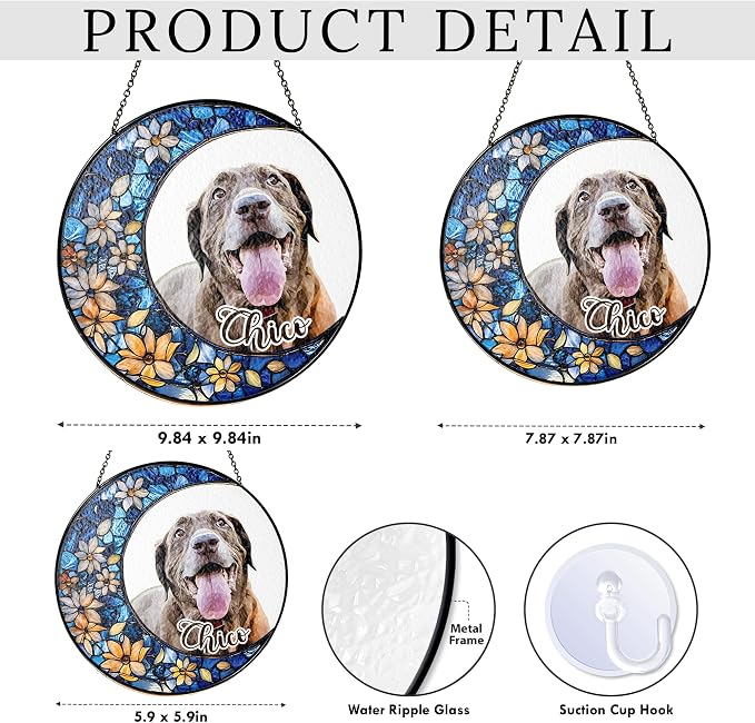 Personalized Memorial Dog Cat, Portrait Photo, Moon Stained Glass Window Hanging Suncatcher - Keepsake Gift for Pet Lover (Memorial Moon Pet)
