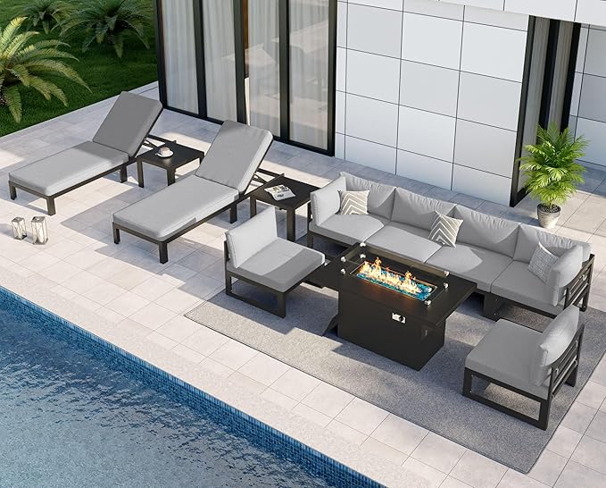 NICESOUL 8 People Large Modern Aluminum Outdoor Sofa with Chaise & Firepit Table, 29" Deep Wide Seat, 500 lbs Durable Sectional Set for Heavy People, Anti-Rust Patio Furniture Set for Deck, Light Grey