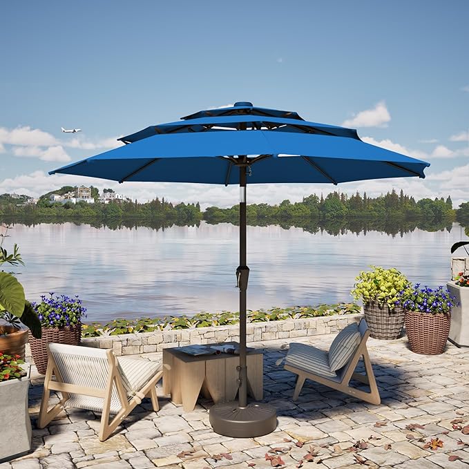 PatioKingdom 9ft 3-Tier Patio Market Umbrella with Crank/Tilt, Commercial Heavy Duty Wind Proof,Outdoor Table Umbrella with 8 Fiberglass Ribs,UPF50+ for Deck,Pool,Garden,Backyard (Royal Blue)