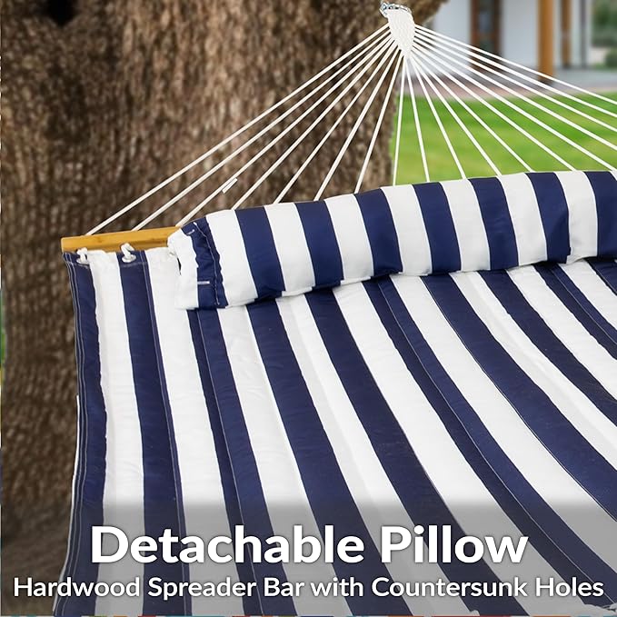 Sunnydaze Extra Large Quilted Hammock with Spreader Bars - 2-Person Hammock for Outside - Blue and White Stripe
