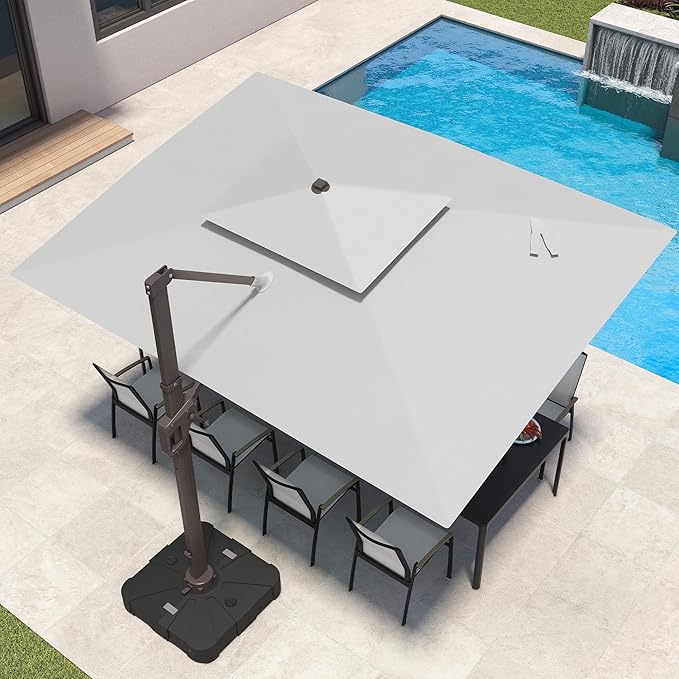 10x13 FT Patio Umbrella with Weighted Base and LED Lights Cantilever Outdoor Large Heavy Duty Rectangle Aluminum Offset Umbrellas Double Top 360 Rotation for Pool Deck Garden, Fog grey
