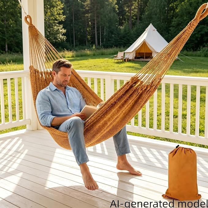 Mayan Style Handwoven Hammock with Carry Bag, 2 Person Cotton Nylon Rope Hammock, 500 lb Capacity for Camping, Backyard, Patio, Porch, Indoor Outdoor Use