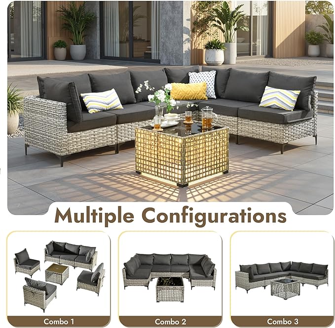 7 Pieces Patio Furniture Set with Solar Light Coffee Table, All-Weather Rattan Outdoor Sectional Conversation Sets L Shaped Sofas with Thick Cushions for Outside Porch Balcony Backyard Black
