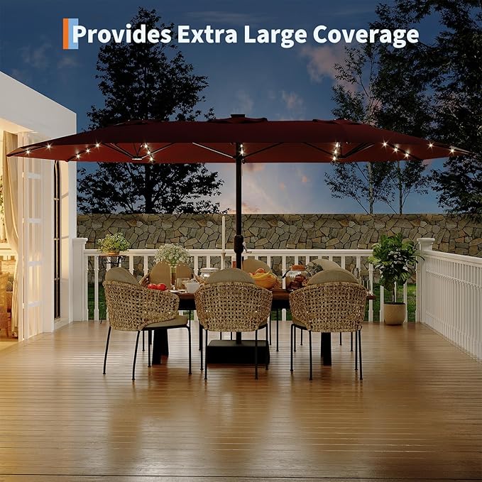 15FT Extra Large Double-Sided Patio Umbrella with Solar LED Lights – Heavy-Duty Rectangular Outdoor Market Umbrella, Fade-Resistant UV Canopy, Included Base for Backyard, Pool, Deck, Garden – Beige/Mist Blue