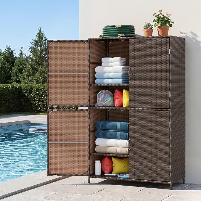 Tangkula Rattan Outdoor Storage Cabinet with 2 Adjustable Shelves | Patiojoy Outdoor Cabinet with Adjustable Shelves, 4 Doors, Patio Storage Deck Box Table for Patio Garden Poolside, Mix Brown