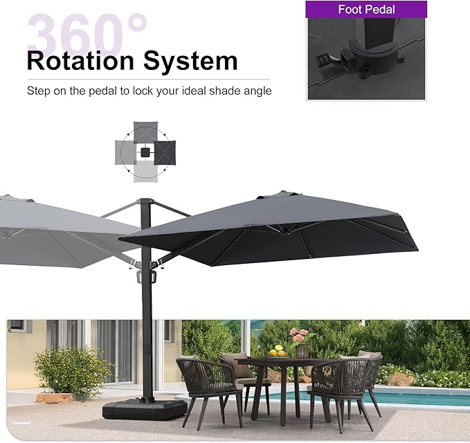 PURPLE LEAF 10 FT Cantilever Umbrella with Wheeled Base Square Large Aluminum Outdoor Offset Patio Umbrella with 360° Rotation for Pool Garden Deck Backyard Grey
