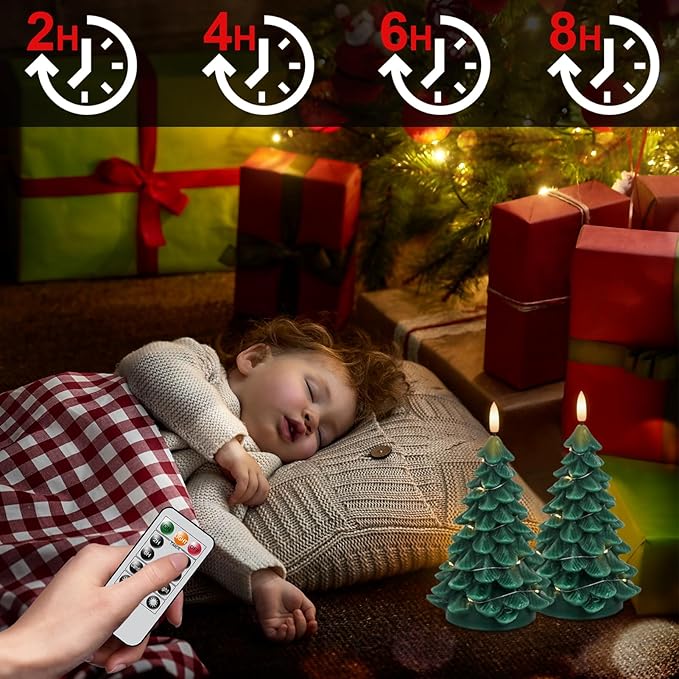 Christmas Tree Shaped LED Candles with Remote Timer, 2 Pcs Flameless Pillar Candles with Embedded String Lights, Battery Operated Flickering Green Candles for Christmas Home Décor