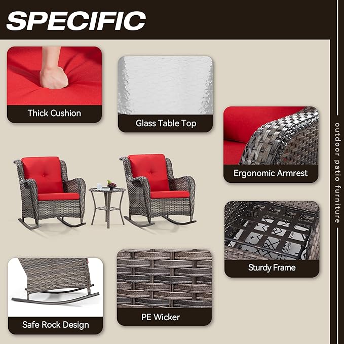 Outdoor Wicker Patio Rocking Chair - All-Weather Lawn Rocking Wicker Furniture with Alloy Steel Frame & Premium Fabric Cushion, Red