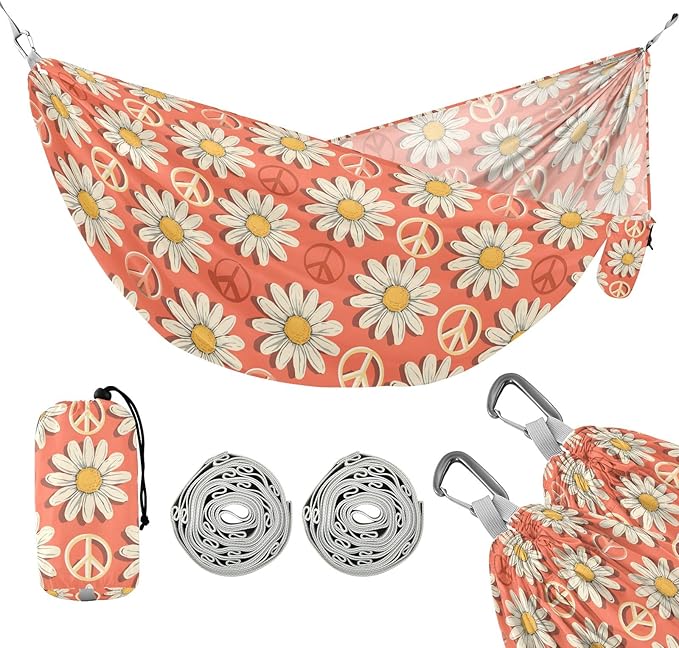 Camping Hammock Outdoor Hammocks for Outside Peace Symbol Daisy Flower Beach Trees Portable Lightweight with Pockets Tree Straps Indoor