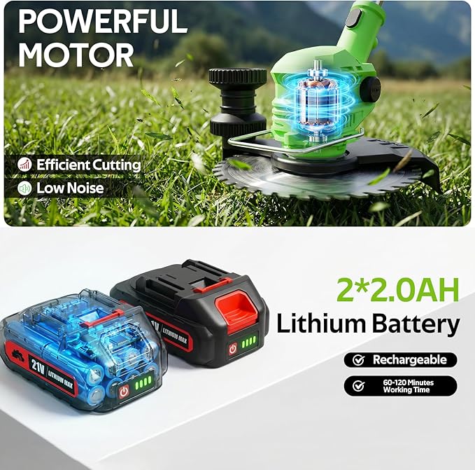 Cordless Weed Wacker, 21V Lightweight Electric Trimmer Battery Powered (Includes 2 x 21V Batteries & Charger) Grass Trimmer/Brush Cutter/Lawn Edger Featuring for Yard Garden Lawn Care