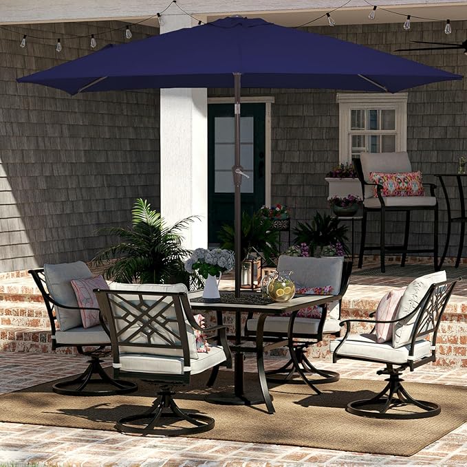 JEAREY 6.5x10 ft Rectangular Patio Umbrellas Outdoor Market Umbrella with Push Button Tilt and Crank, Rectangle Table Umbrellas 6 Sturdy Ribs UV Protection for Pool Garden Backyard Deck, Dark Blue