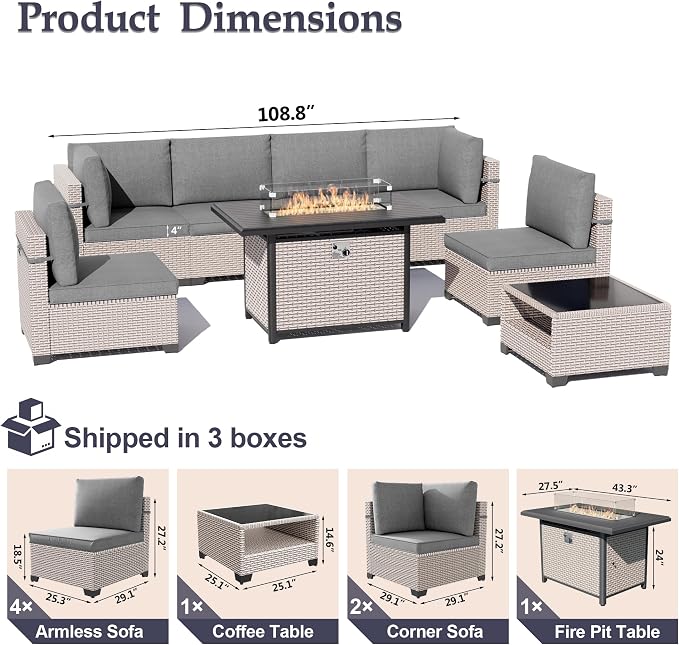 Patio Furniture Set, 8-Piece Outdoor Sectional Sofa with 60,000 BTU Fire Pit Table & 2-Layer Glass Coffee Table, Wicker Patio Conversation Set with Gray Cushions