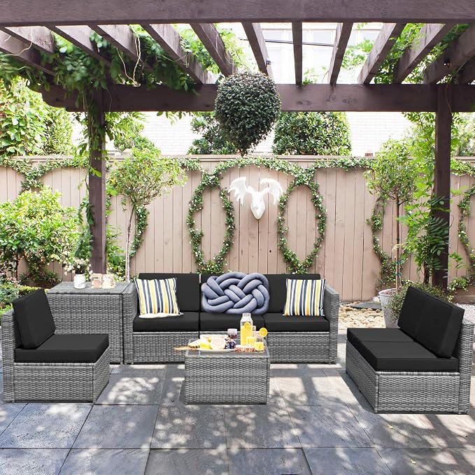 RELAX4LIFE 8-Piece Patio Furniture Set - PE Wicker Conversation Set w/Soft Cushions & Tempered Glass Storage Table, Outdoor Sectional Sofa Set for Garden, Poolside, Backyard (Grey)