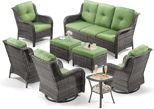 Wicker Patio Furniture Sets 8 Piece Set with 3-Seat Sofa, 2 Swivel Rocking Armchairs, 2 Armchairs, 2 Ottoman and 1 Side Table Outdoor Furniture Sectional Conversation Set, Green