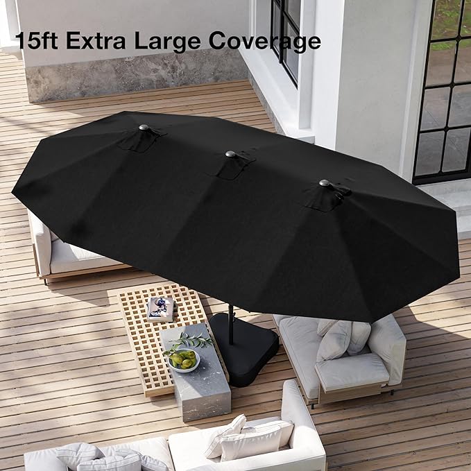Joyside 15FT Large Patio Umbrella, Outdoor Double Sided Umbrella, Rectangle Umbrella with Crank Handle, 12 Sturdy Ribs for Deck, Porch and Pool