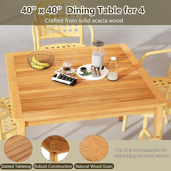 RELAX4LIFE Wooden Outdoor Dining Table for 4, 40" Square Acacia Wood Slatted Patio Table w/Umbrella Hole, Indoor Outdoor Bistro Table for Backyard Porch Garden, 4-Person Patio Dining Table