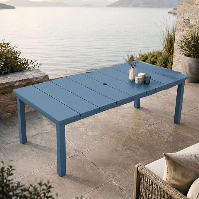 75.2" Outdoor Dining Table for 4-6 People, Patio Dining Outdoor Table with Umbrella Hole, All Weather Patio Table for Backyard, Deck and Garden, Navy Blue